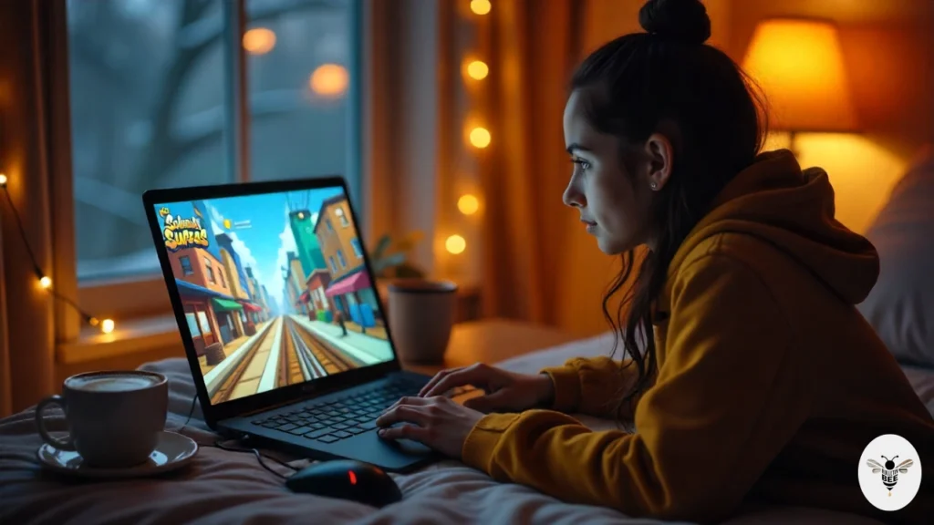 Gamer installing game on a laptop with Subway Surfers on screen, keyboard and mouse ready and cozy setup