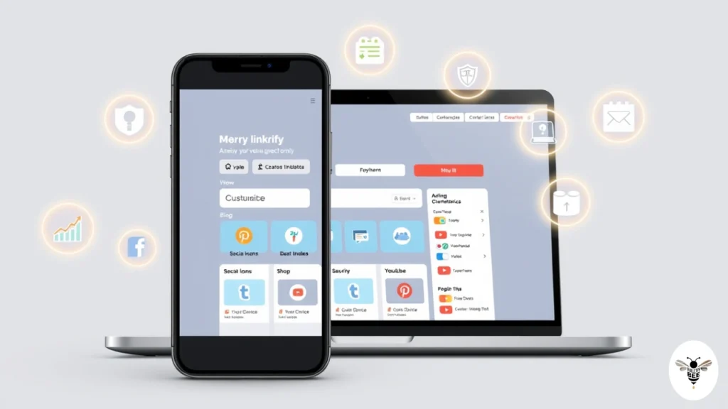 Sleek digital illustration of a smartphone and laptop showing a customizable Linkrify hub