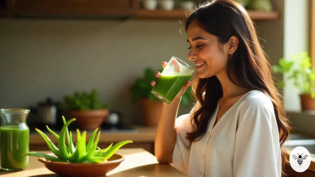 Woman drinking a glass of fresh neem and aloe vera juice