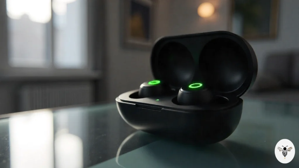 black gaming earbuds with green led in charging case