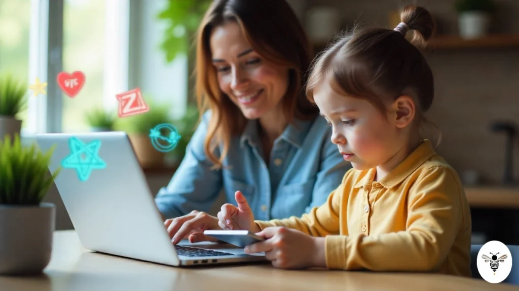 child playing a learning game on tablet with math, language, and science icons displayed using ezclasswork