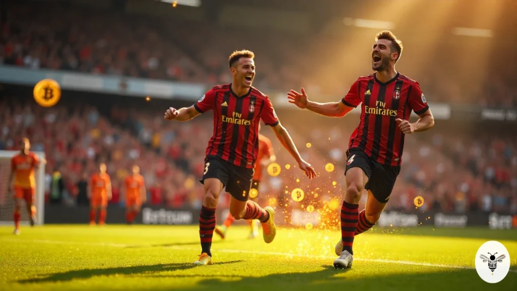 crypto30x.com ac milan players celebrating a goal on the football field with fans cheering in the stadium
