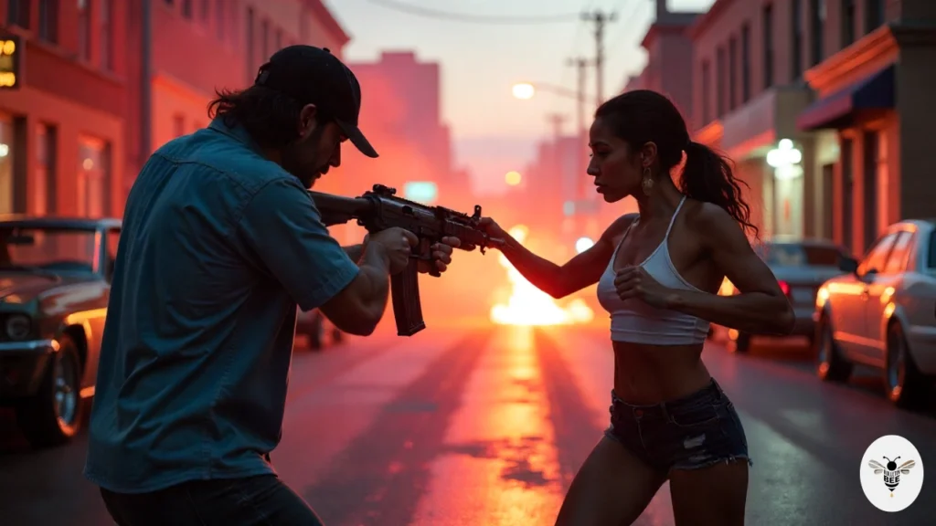 man and woman fighting over a gun on a city street