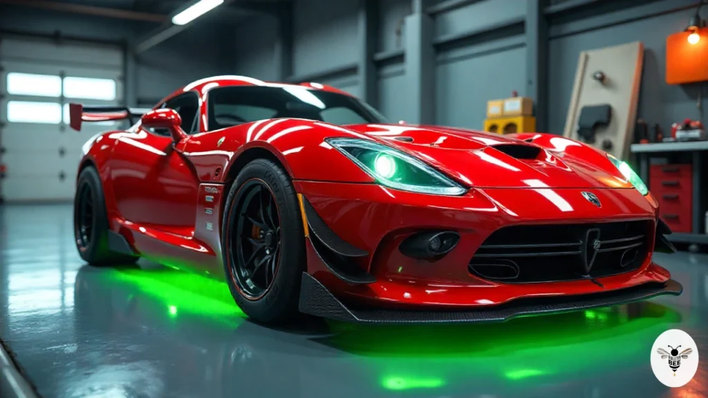 red sports car with green underglow in a garage