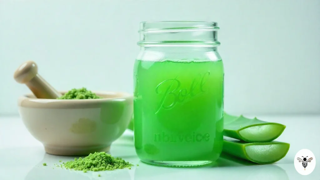 show the glass of green aloe vera juice with aloe cubes and fresh neem leaves