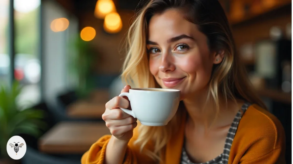 smiling woman holding a cup of coffee in a cozy cafe