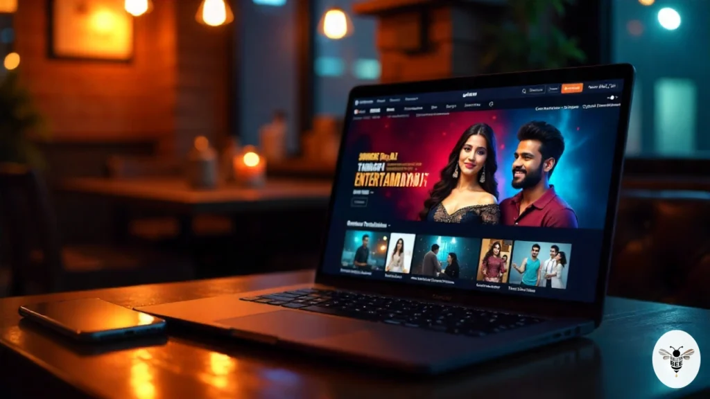 tamildhoom.com website interface showing tamil movies, music, and news on laptop