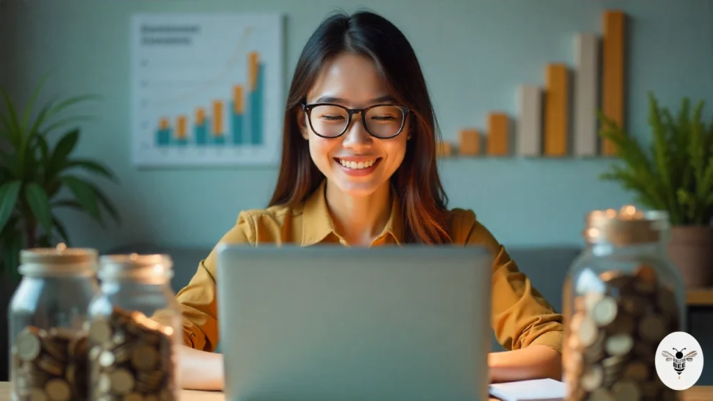 woman managing finances with laptop and showcasing Wheon.com finance tips