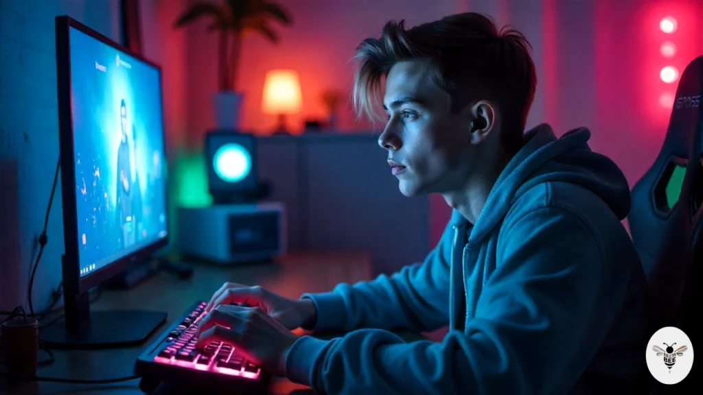 young gamer focused on PC screen wearing wireless earbuds