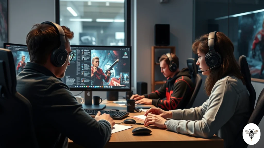 editors writing esports articles in a modern newsroom, representing dualmedia’s media branch - esports news dualmedia