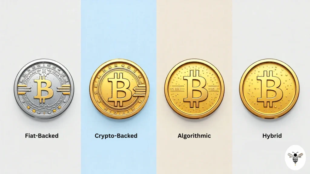 fiat-backed, crypto-backed, algorithmic, and hybrid, each with distinct icons in biitland.com