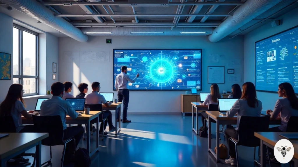 futuristic classroom with digital screens and connected devices, showcasing clever dpscd in detroit