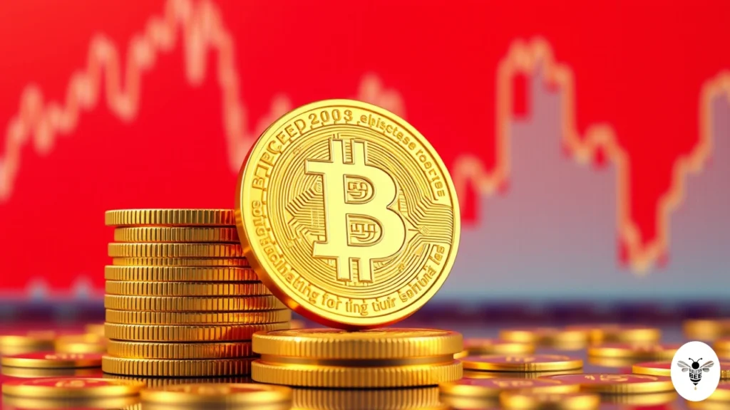 golden bitcoin coins with red market graph background-ecryptobit.com tokens