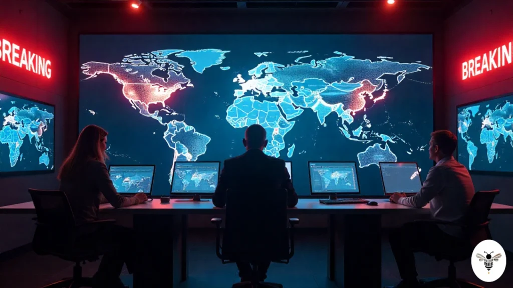 journalists in a high-tech newsroom monitoring live feeds — artaverse.org global new