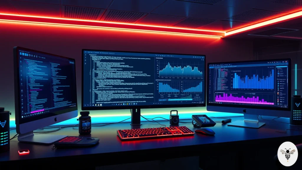 modern digital workspace with monitors showing code, performance graphs, and lcftechmods updates