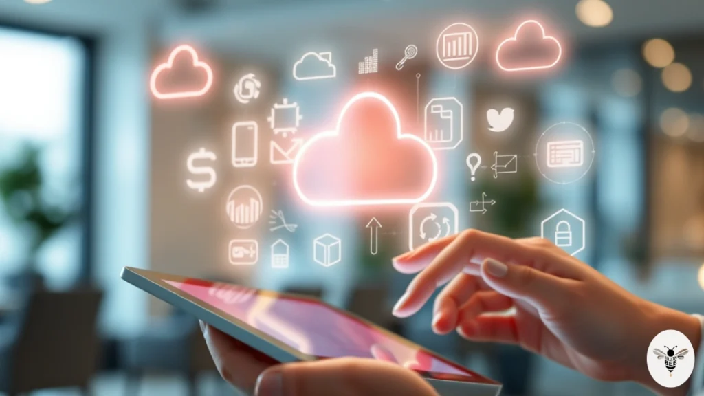 person using tablet with floating holographic tech icons for cloud computing and data storage — quikconsole com