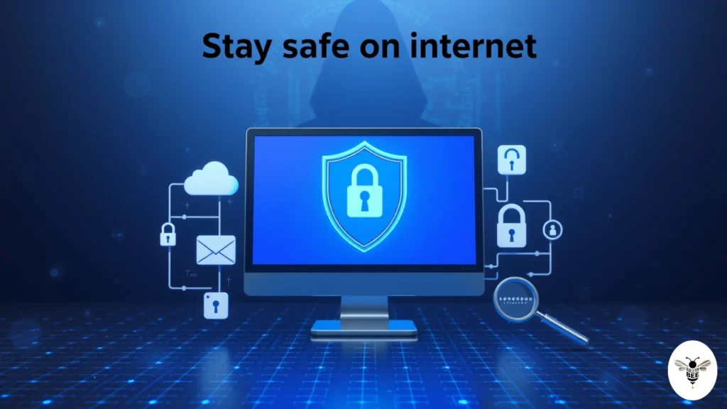 show shield, padlock, and hacker silhouette promoting online safety on zryly.com internet