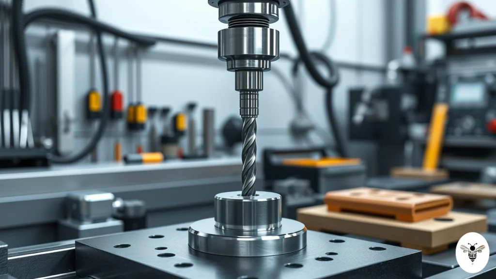 cnc drill bit close-up with precision fixtures; winkelbohrspindel in focus