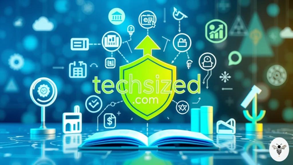 digital scene with tech, finance, and lifestyle icons around the techsized com logo symbolizing growth and trust