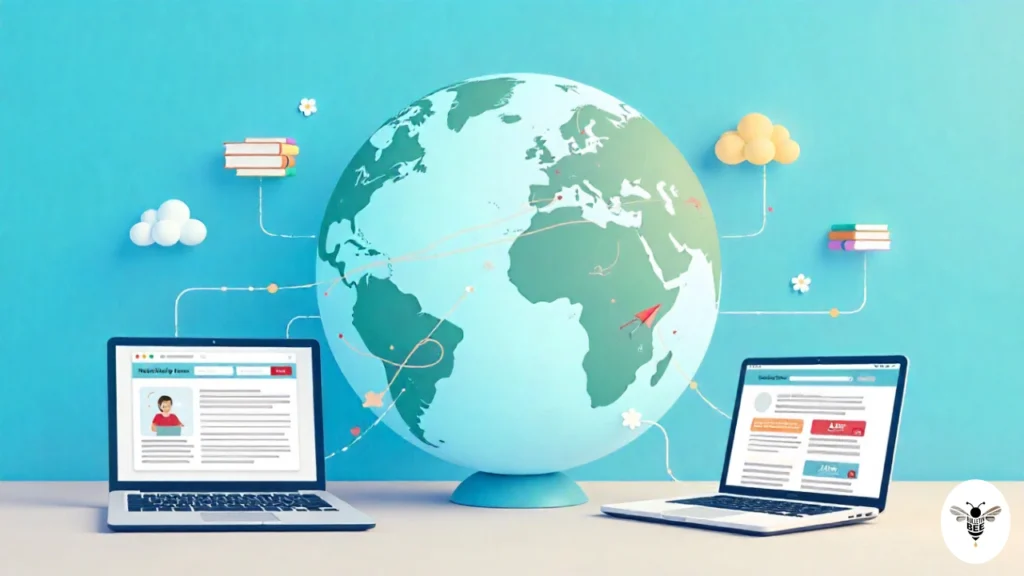 globe connected to digital devices showing newsdailysources website for easy global news access