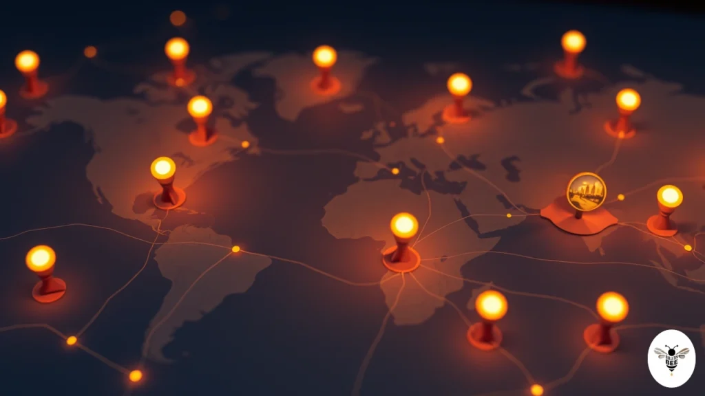 glowing map pins revealing historical and cultural scenes blending past and present on www.onthisveryspot .com