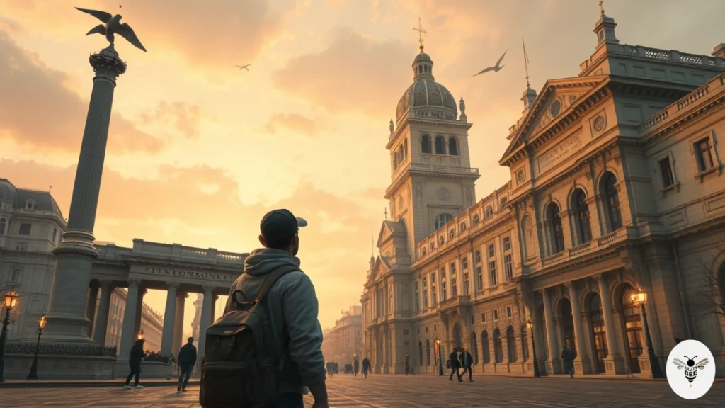 history enthusiast exploring iconic landmarks with glowing map markers and past event overlays on www.onthisveryspot .com