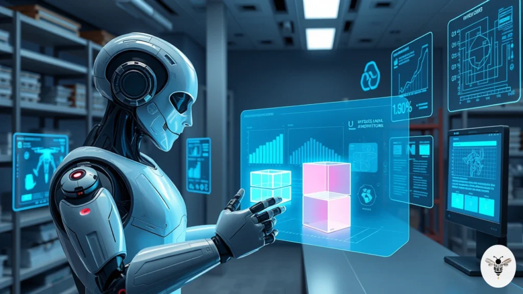 humanoid robot analyzing holographic data and drones - rosboxar ai technology