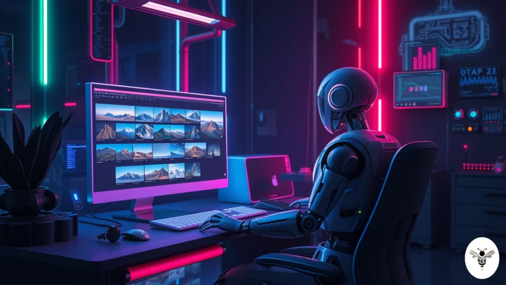 humanoid robot browsing vibrant images on a desktop— gramhir.pro ai