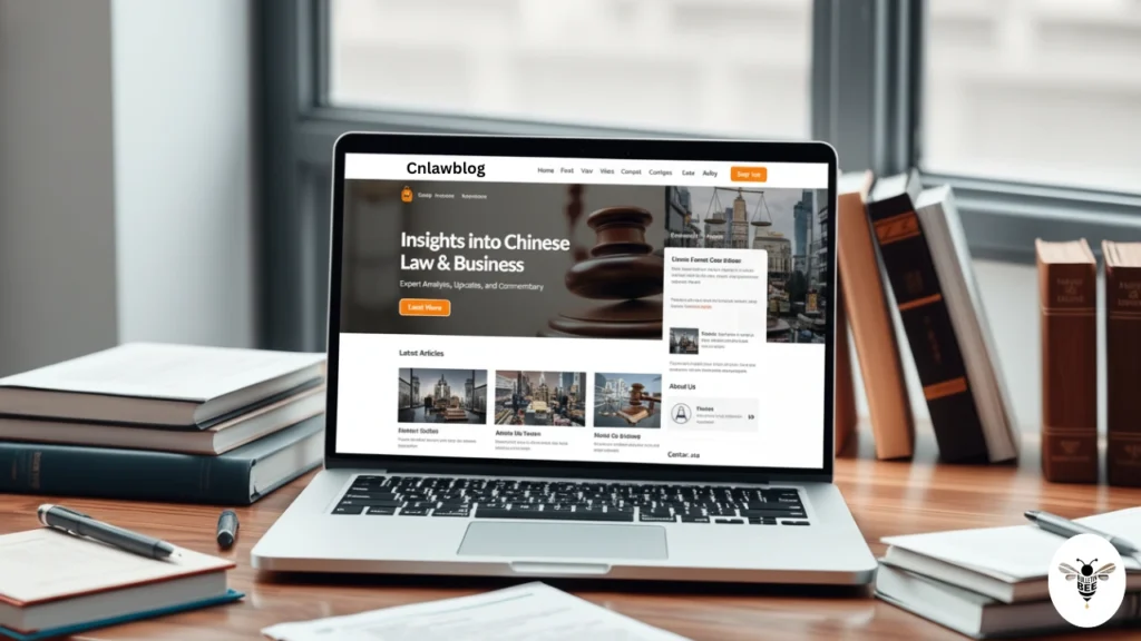 laptop displaying cnlawblog surrounded by law books and notes