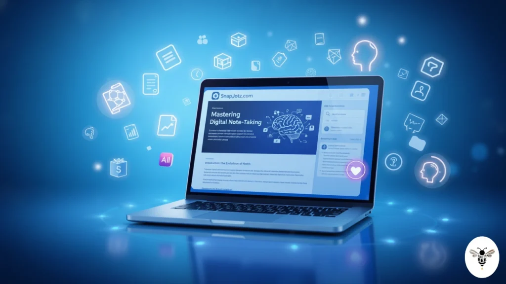 laptop with floating idea and collaboration icons — snapjotz com