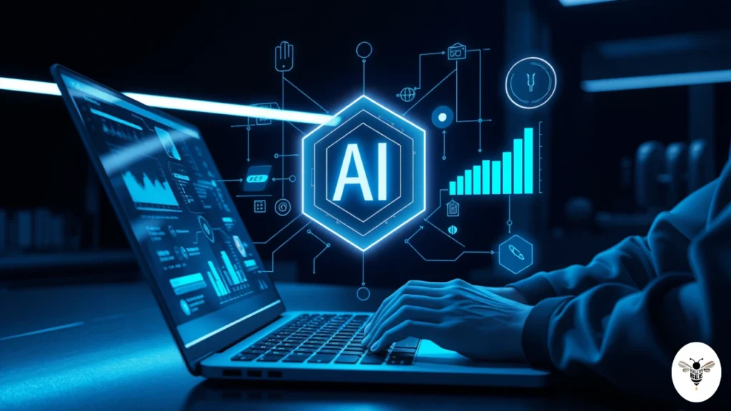 person typing on laptop with futuristic workspace- cyroket2585 patch