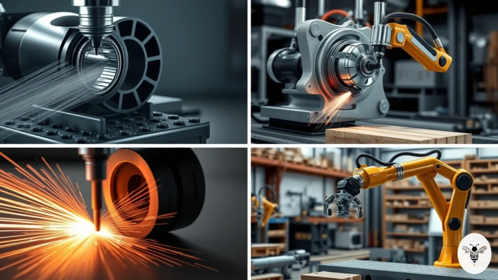 robotic metalworking with sparks and precision tools - winkelbohrspindel shown