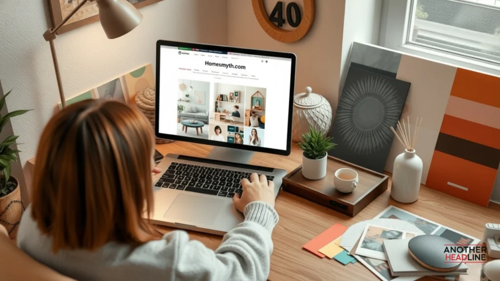 Person browsing homesmyth com for decor ideas with color swatches and samples on desk