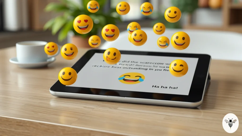 Tablet showing jokes on jokefool com with floating laughing smiley emoji icons