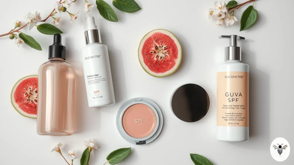 beauty flat lay with skincare, makeup, spf compact – thoitranglv.com