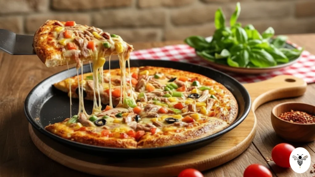 cheesy pizza in skillet with toppings and melted mozzarella stretch, styled on rustic board - pizzakühltische