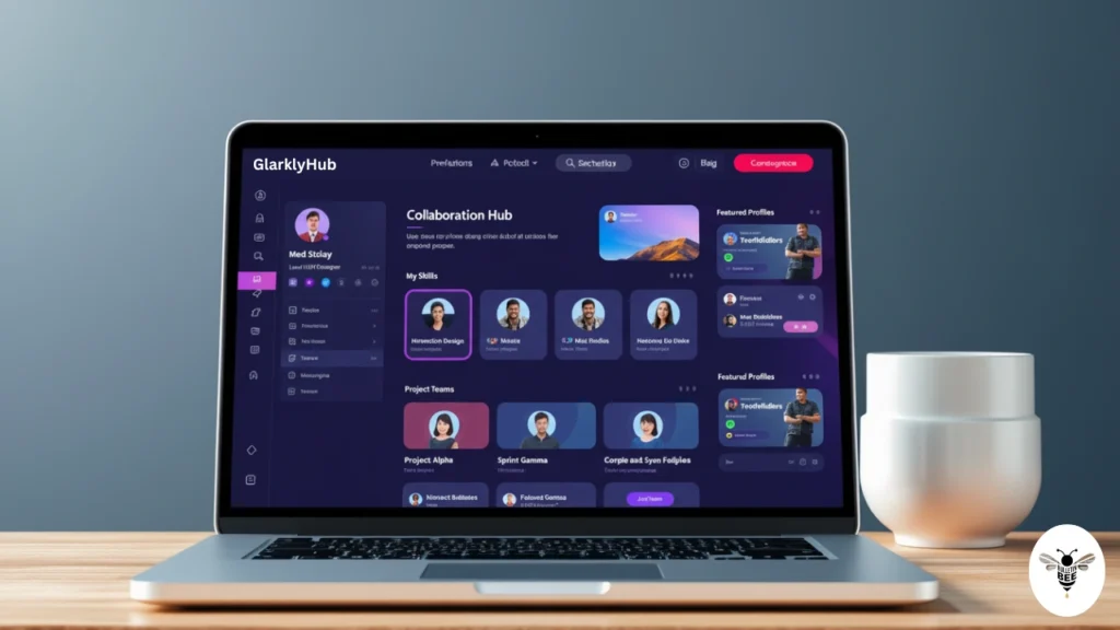 digital networking platform interface on a laptop showcasing profiles and skills on glarklyhub