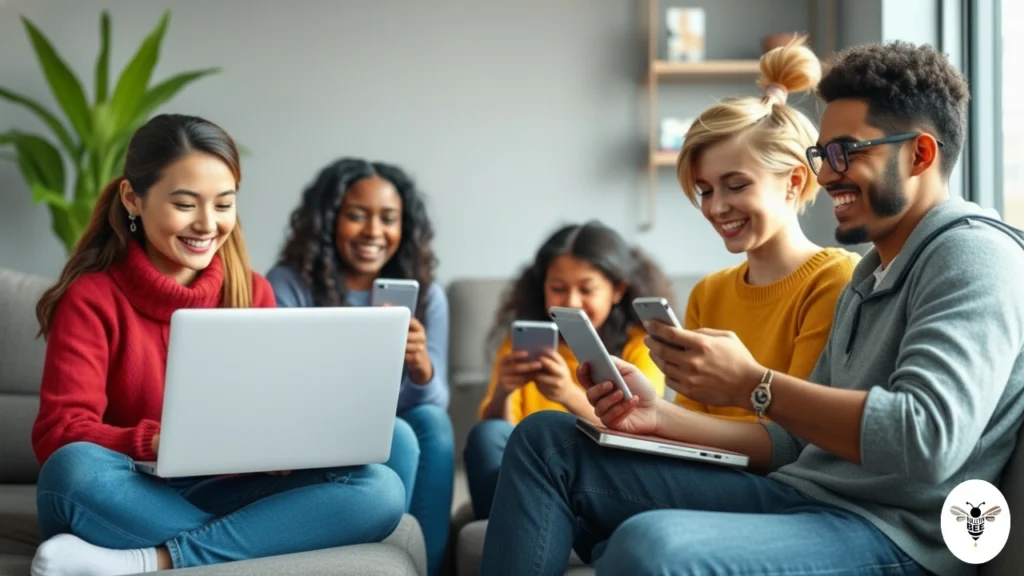 diverse people smiling while browsing jokefool com on laptops and phones