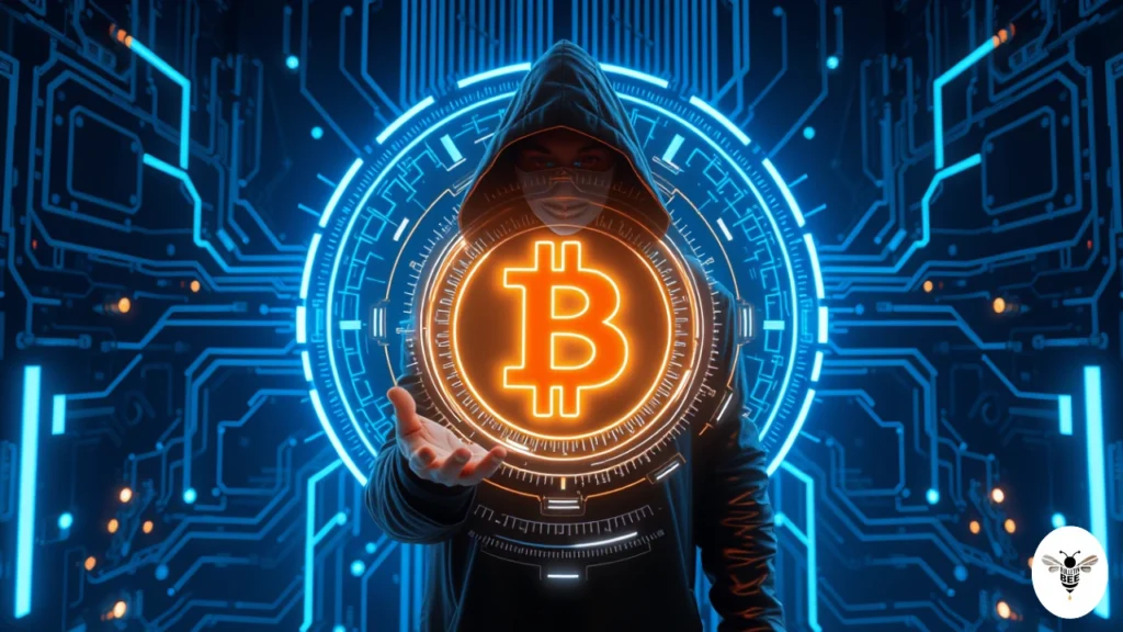 hacker interacting with holographic bitcoin symbol, representing etherions.com crypto security