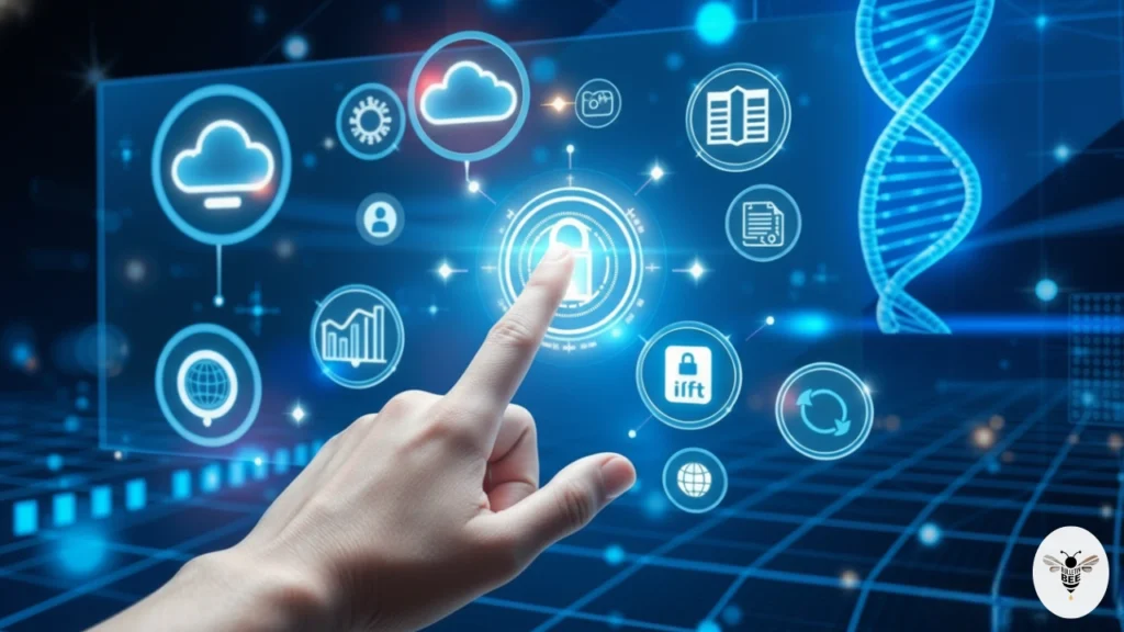 hand interacting with futuristic holographic ai, data, and cloud interface showcasing insights logicalshout technology