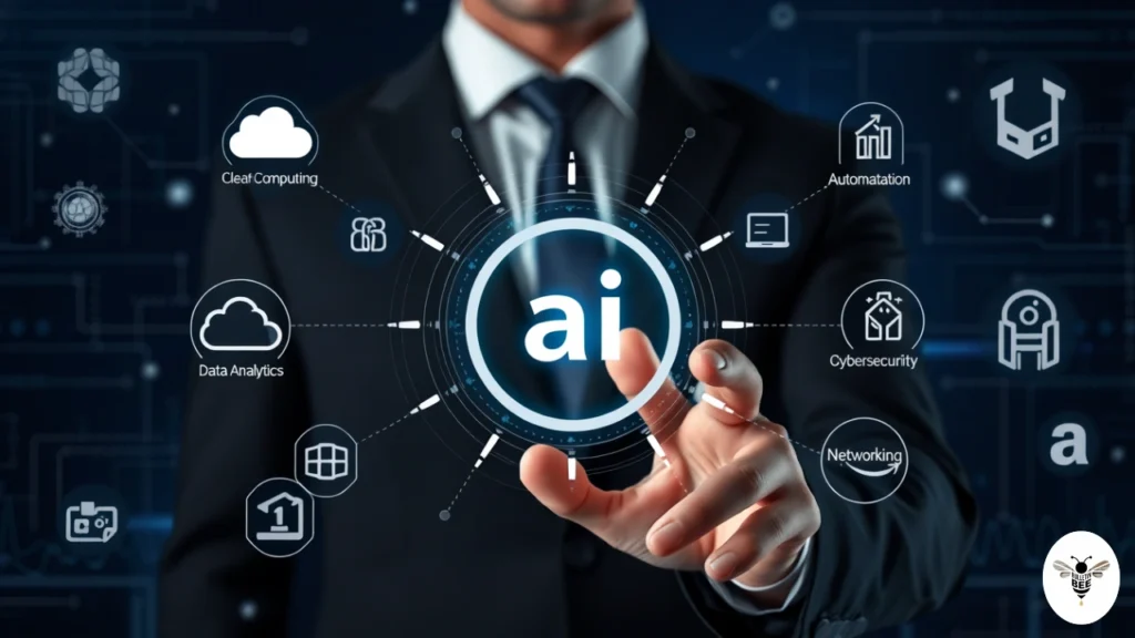 interacting with a holographic ai interface, tech and business concept, voomixi com