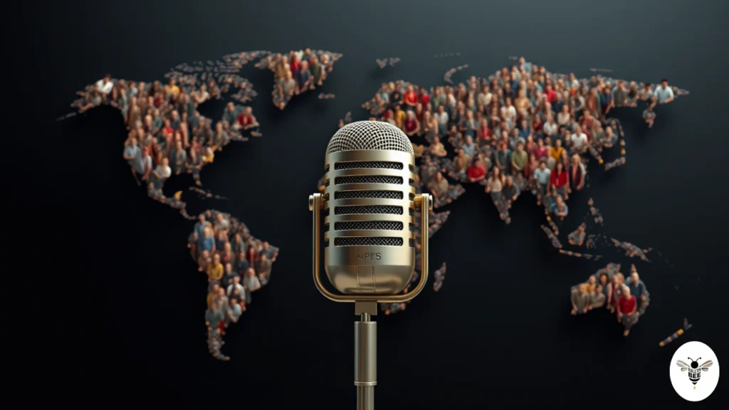 microphone with people sharing stories, audio waves across a world map - interworldradio blog