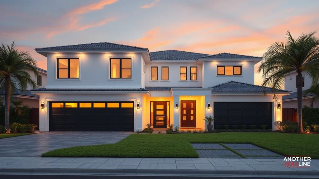 modern two-story house at dusk with landscaped lawn – homesmyth com