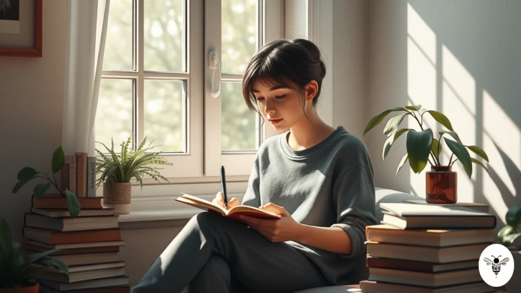 person journaling in a calm space with books and reflecting on cornmagazine com content