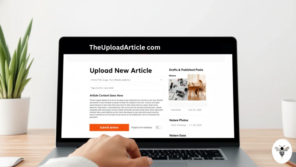 person uploading an article on laptop – theuploadarticle com