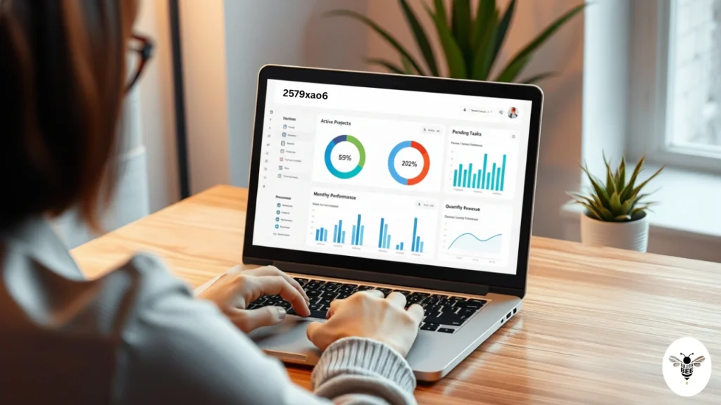 person working on laptop with 2579xao6 new software name dashboard showing analytics and modern productivity tools