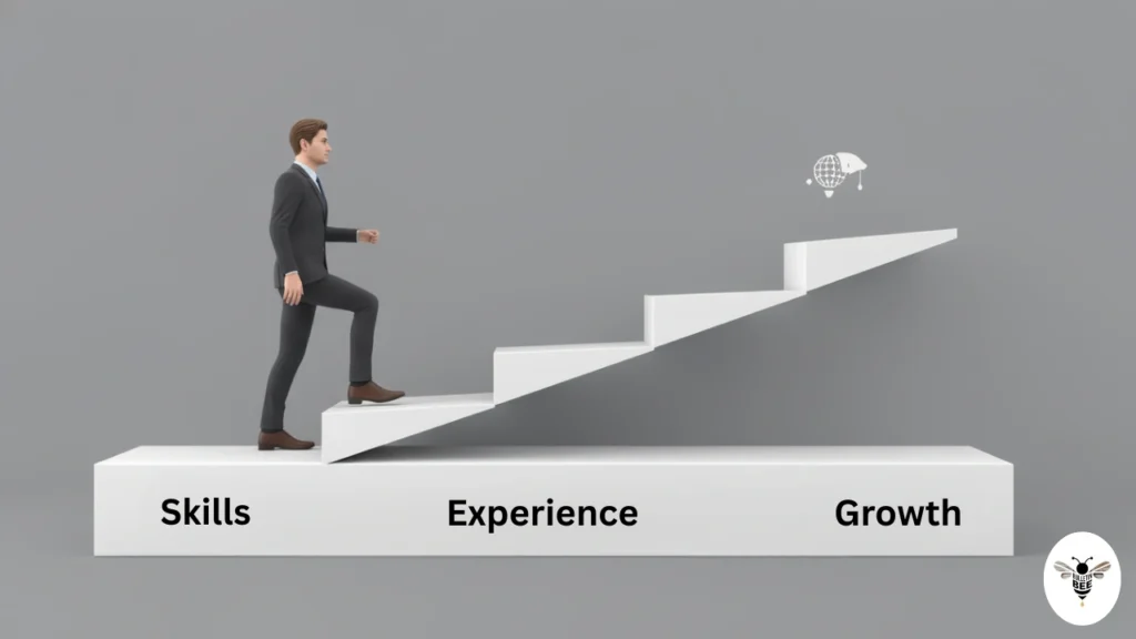 professional climbing career steps labeled skills, experience, growth with icons – seventhway find premium jobs now