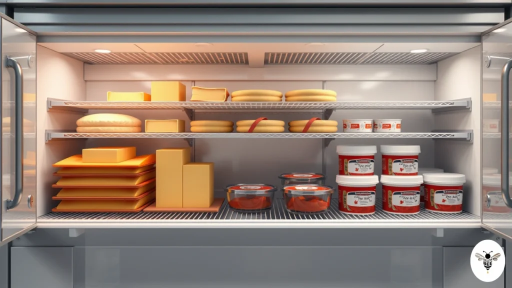 refrigerated cabinets of pizzakühltische with cheese blocks, dough trays, and sauce tubs neatly stored