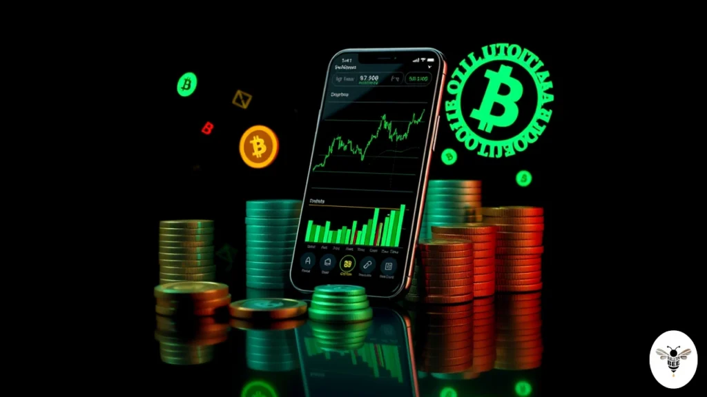 smartphone showing crypto charts with floating coins, highlighting etherions.com insights
