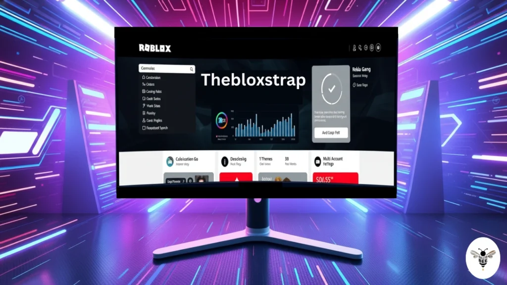 windows PC showing thebloxstrap com launcher with roblox logo and open-source features